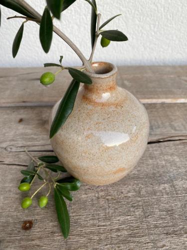 Handwerk Vase mit Olivenzweig - Kugelvase handmade - Rheine Töpfern Martina Elsenheimer