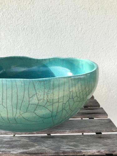 Keramikschale, Raku, türkis, 44 cm, entstanden im Workshop mit Martin Mindermann