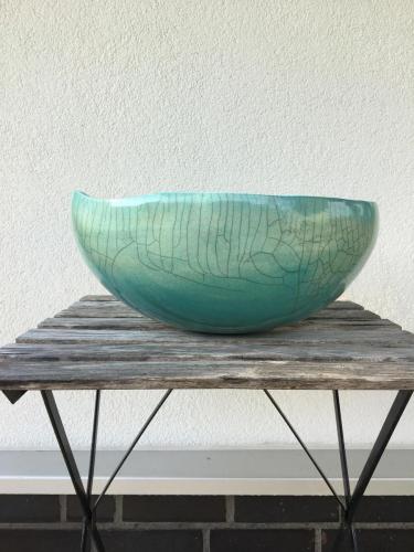 Keramikschale, Raku, türkis, 44 cm, entstanden im Workshop mit Martin Mindermann